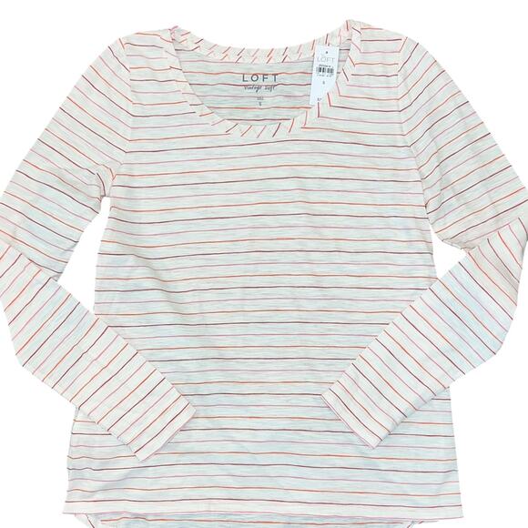 NWT LOFT White W/Pink, Orange & Red Stripes Long Sleeve Cotton Tee - SIZE SMALL - Picture 2 of 8